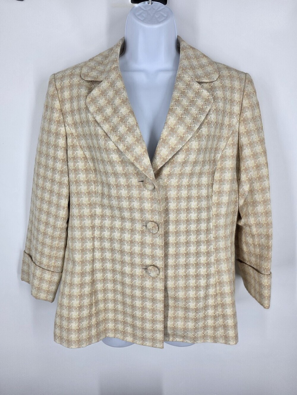 Preston & York Neutral Houndstooth Blazer Jacket Beige Tan Cream Size 10